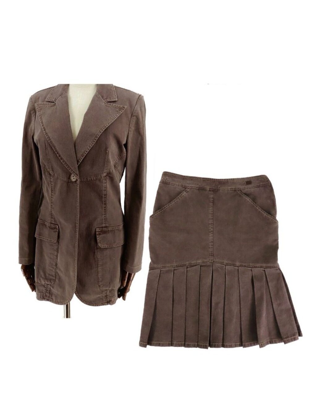 Chanel Long Jacket Hem Pleated Skirt Brown Cotton Spandex Buttons 03P 38